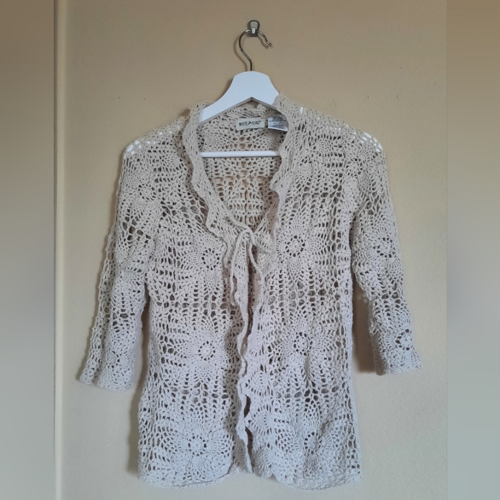 White Stag Y2k Beige Crochet Women Sweater Tie Front Ruffle Feminine Boho